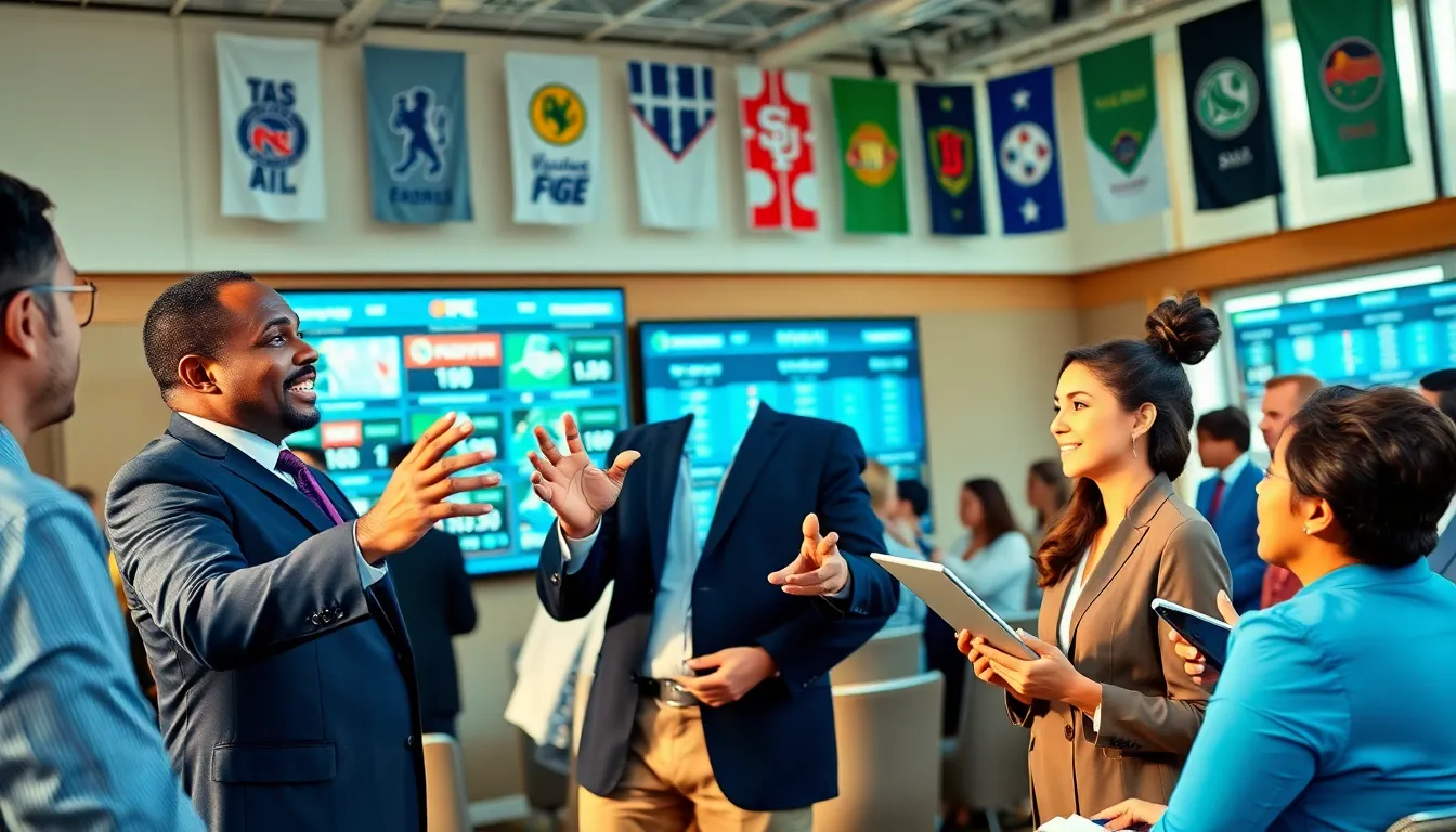 sports executives discussing rate competitions at a conference.