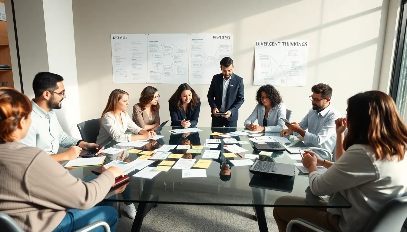 diverse professionals brainstorming in a modern office setting.