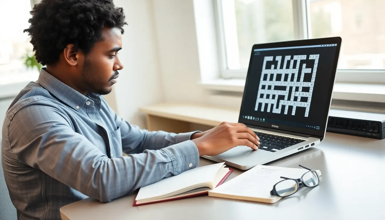 individual solving a crossword puzzle at a modern workspace.