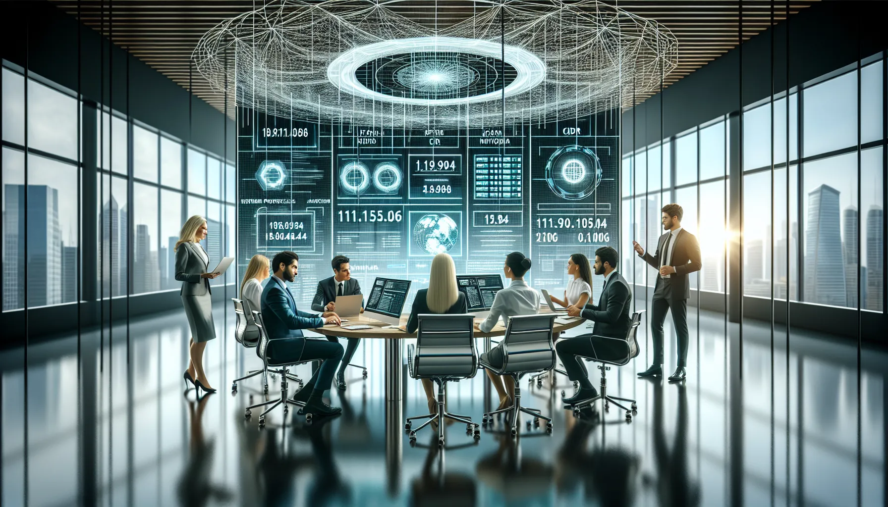 professionals discussing IP address formats in a modern office.