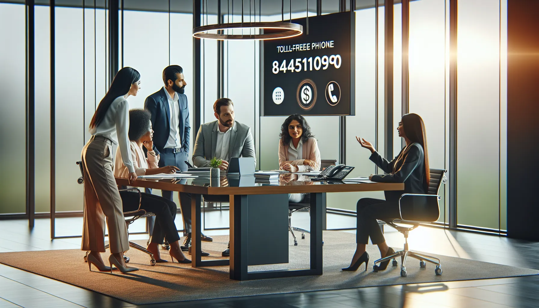 professionals discussing toll-free numbers in a modern office setting.