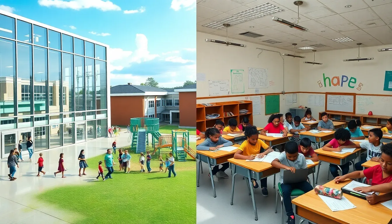 contrast between a modern school and a struggling school in the U.S.