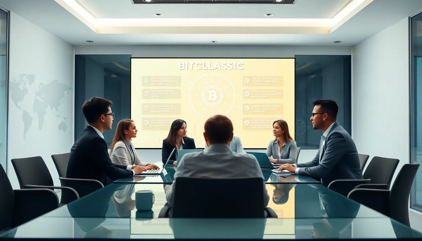 diverse team discussing cryptocurrency in a modern office.