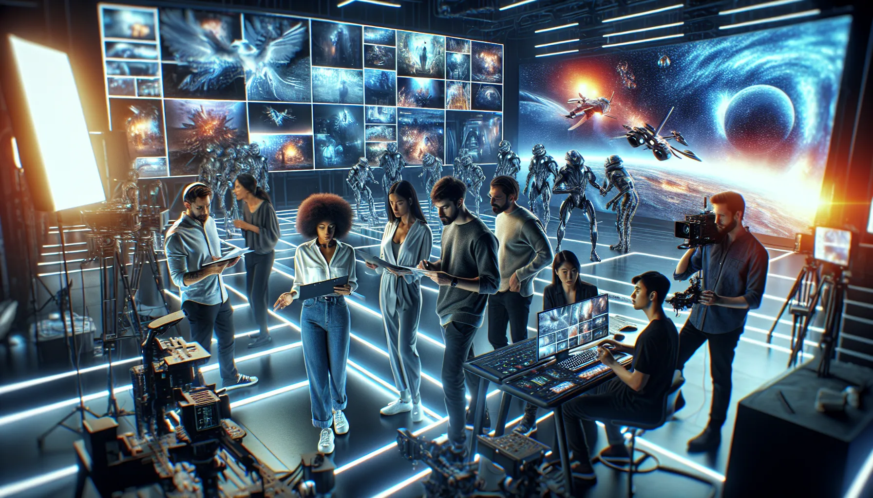 diverse filmmakers collaborating on adventure film concepts in a modern studio.