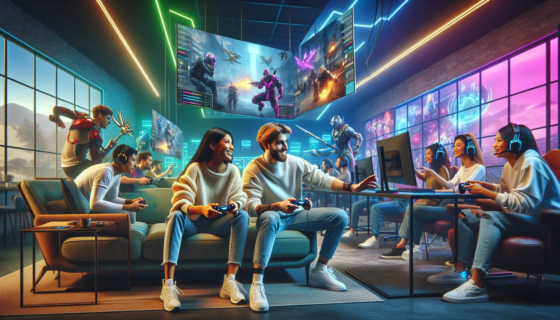 diverse gamers interacting in a modern esports lounge.