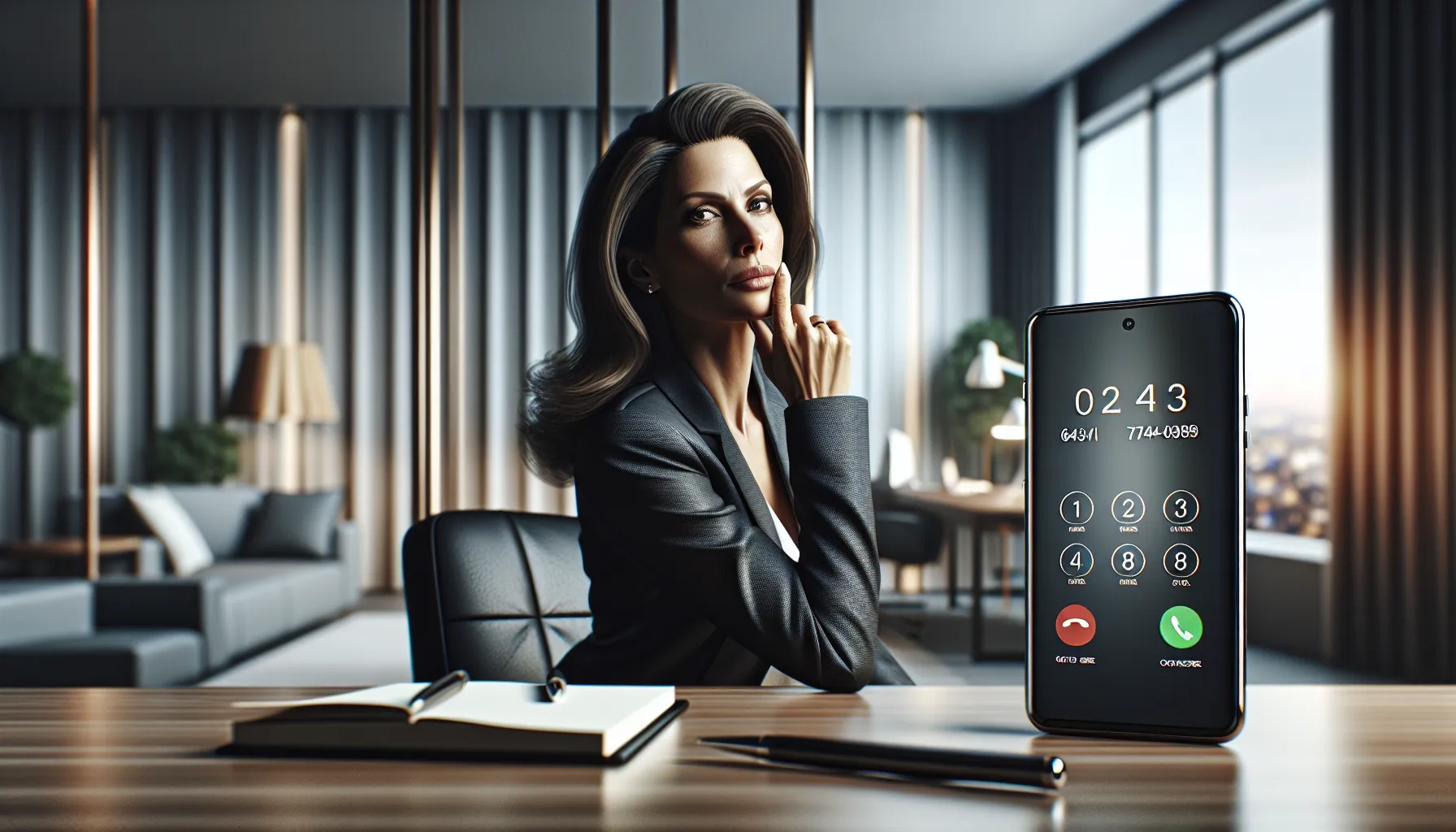 Professional contemplating a phone call in a modern office setting.