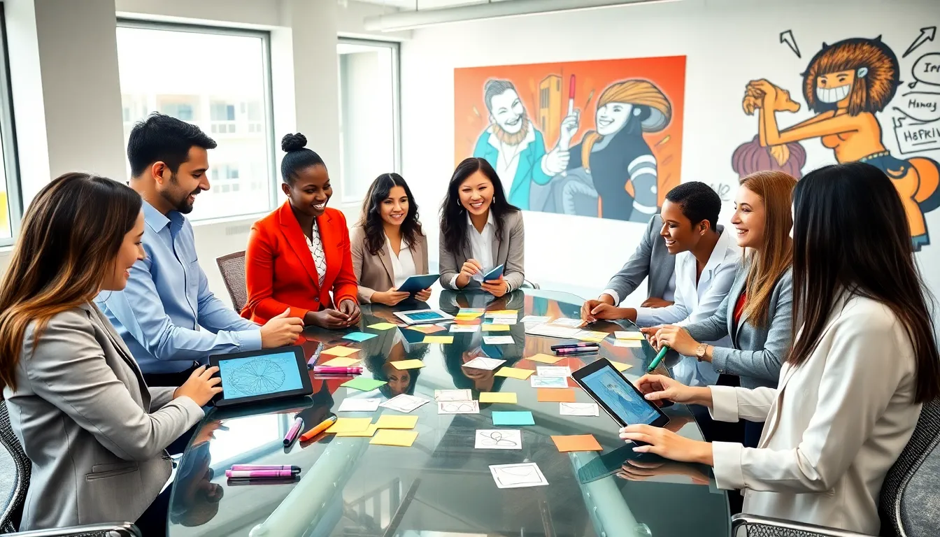 diverse professionals brainstorming in a modern office.