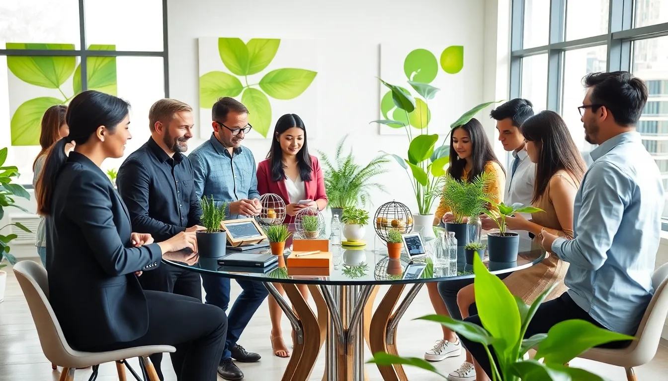 team collaborating on sustainable living innovations in a modern office.
