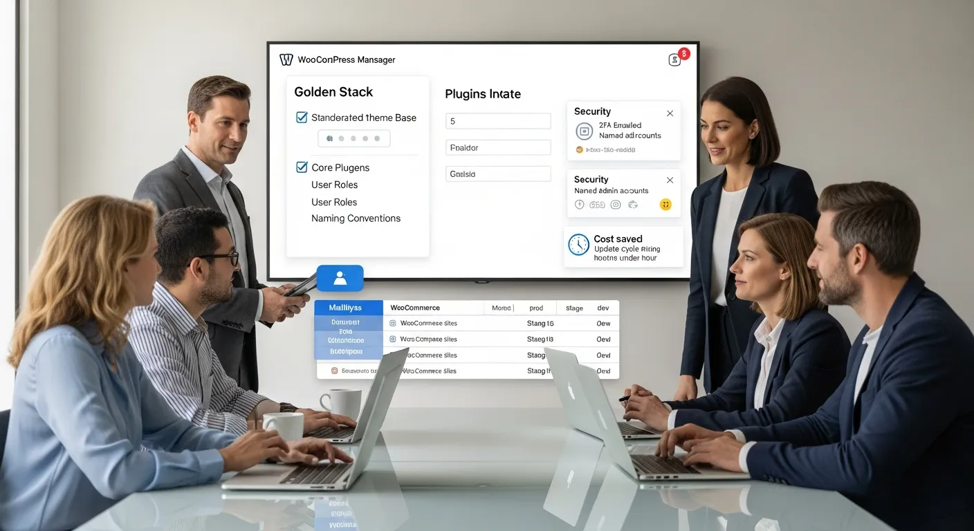 Team reviews a WordPress multisite standardization dashboard and plugin approval checklist.