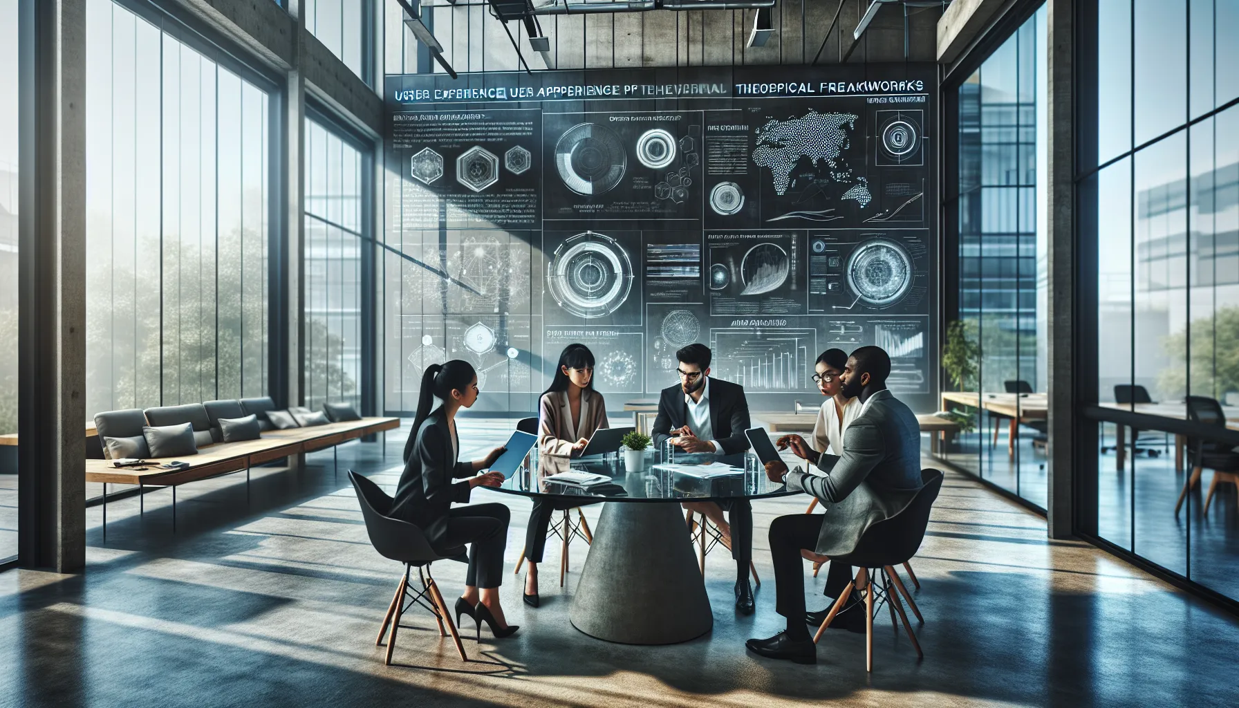 diverse professionals collaborating over technology and analytics in a modern office.