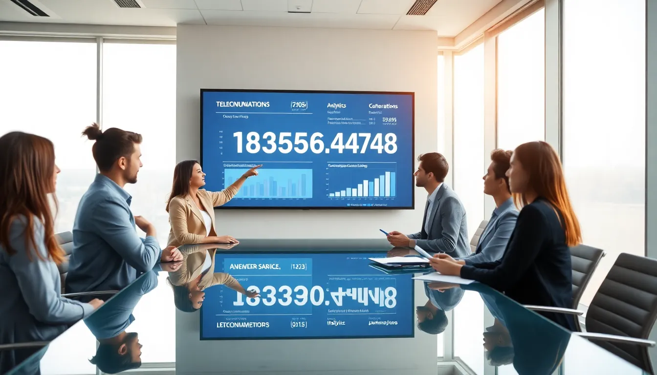 team discussing analytics in a modern office setting.