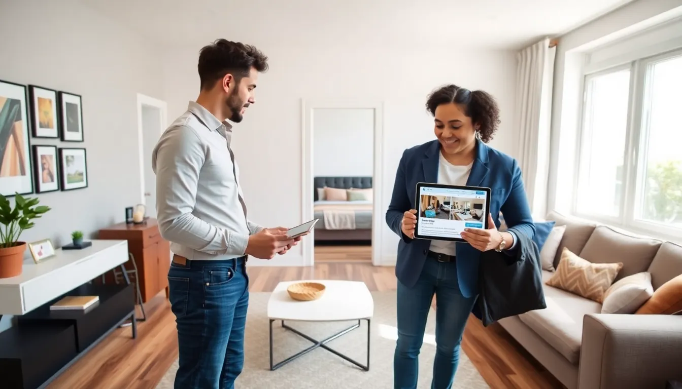 A couple discussing house hacking in a modern living room.