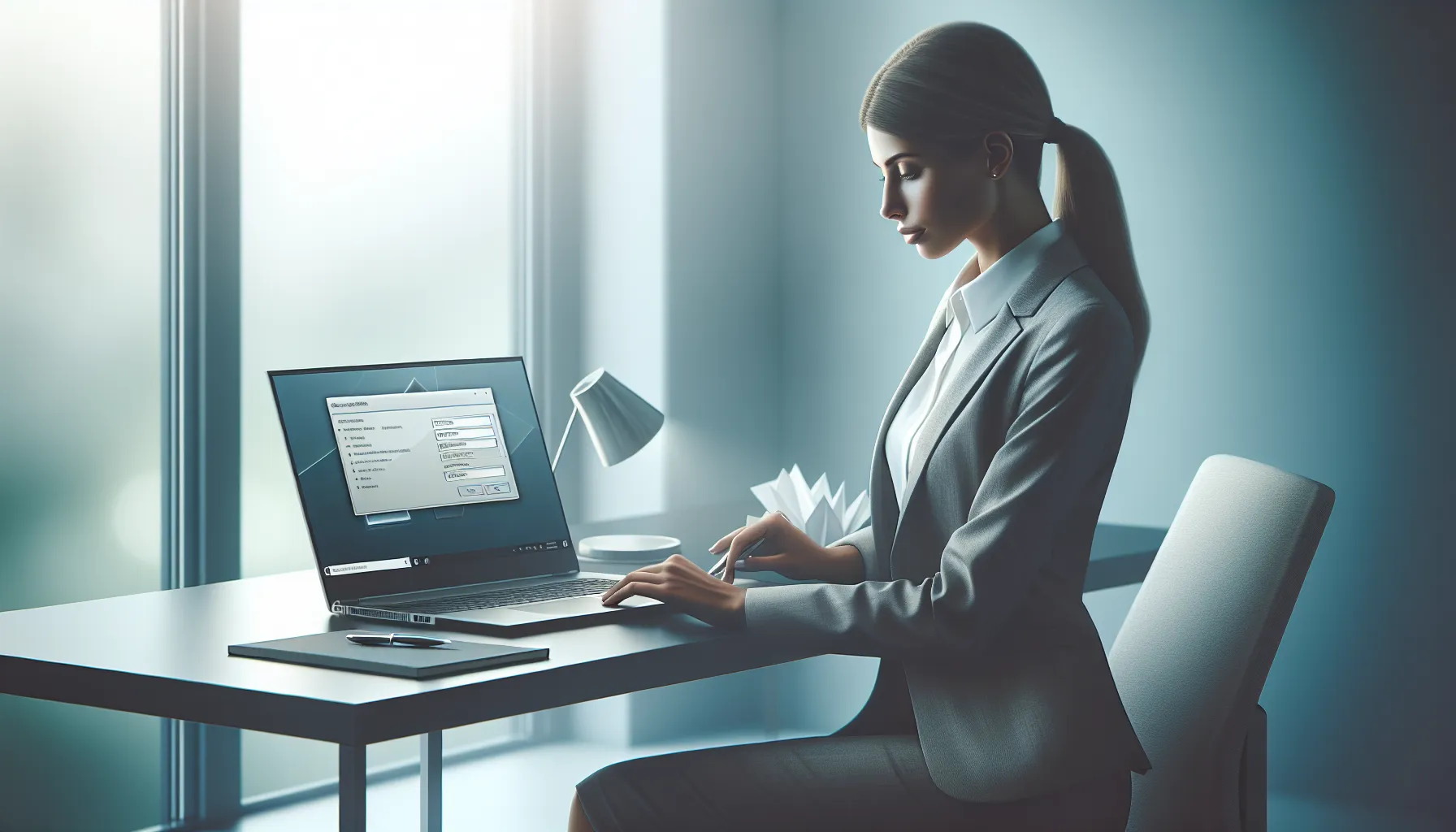 How To Update Endbugflow Software On PC 9 woman updating Endbugflow software on a laptop in a modern office.