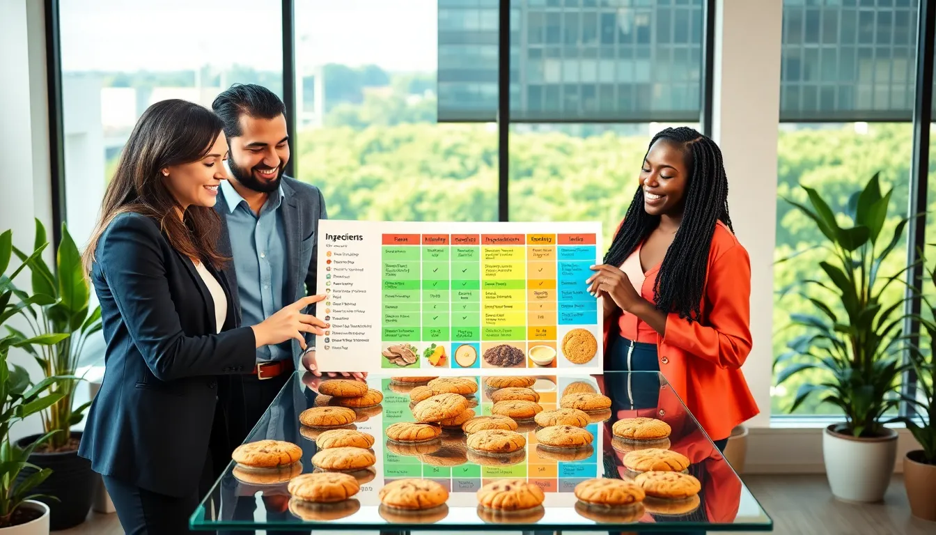 diverse team discussing healthy cookie ingredients in a modern office.