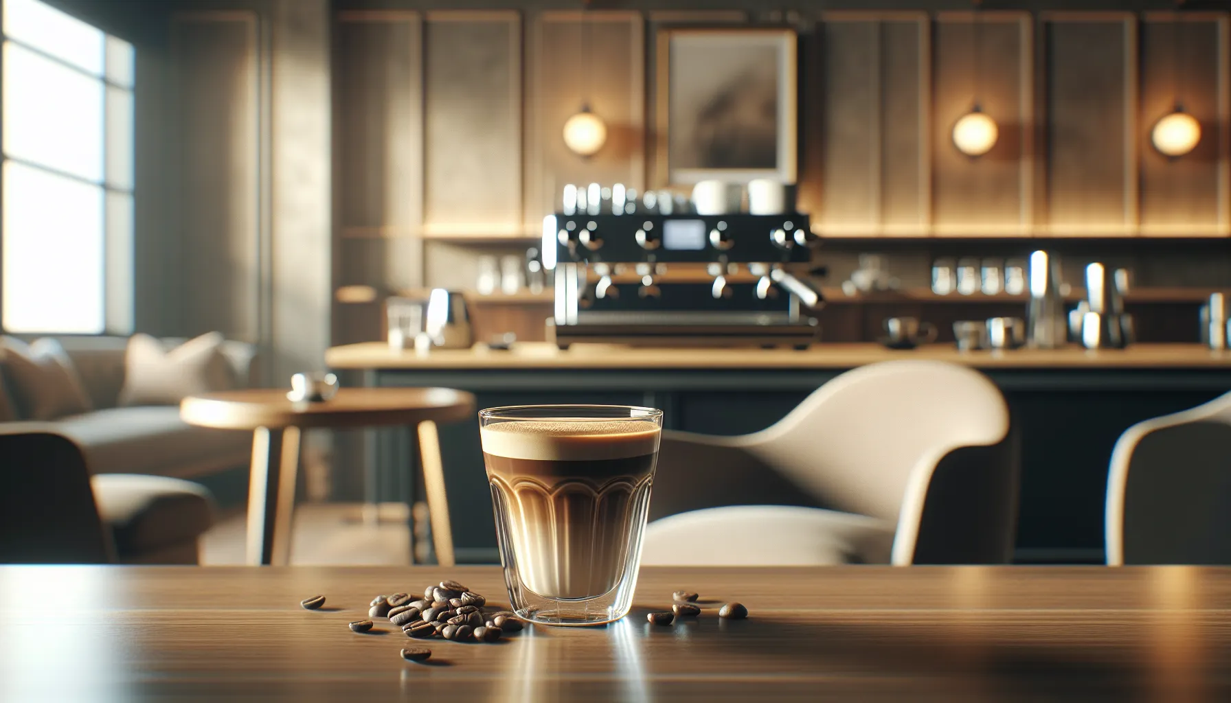 A cortado served in a glass cup on a wooden table in a cafe.