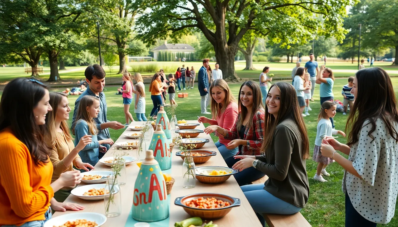 diverse group enjoying a community potluck in a park setting.
