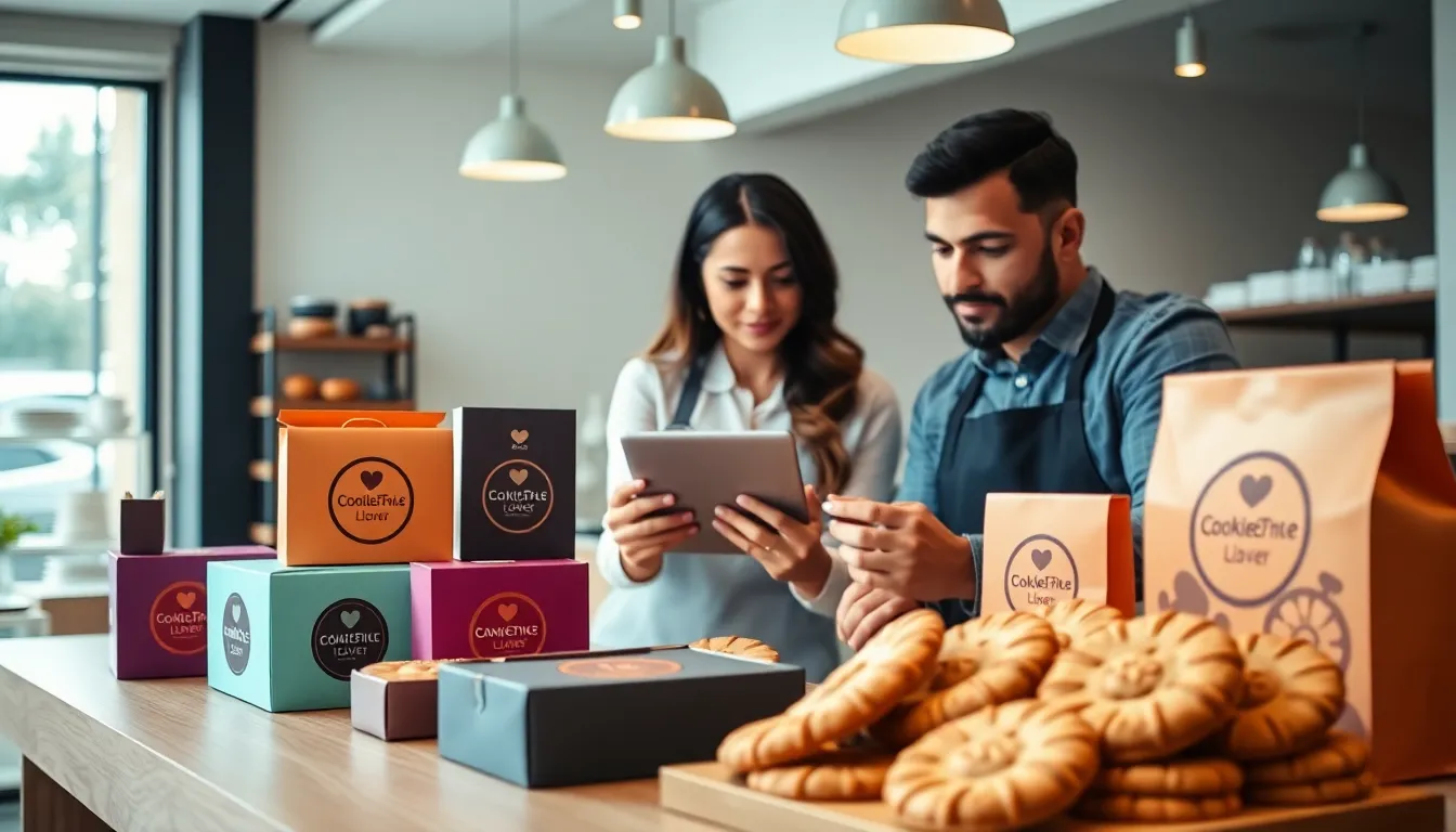 showcasing stylish cookie packaging in a modern bakery setting.