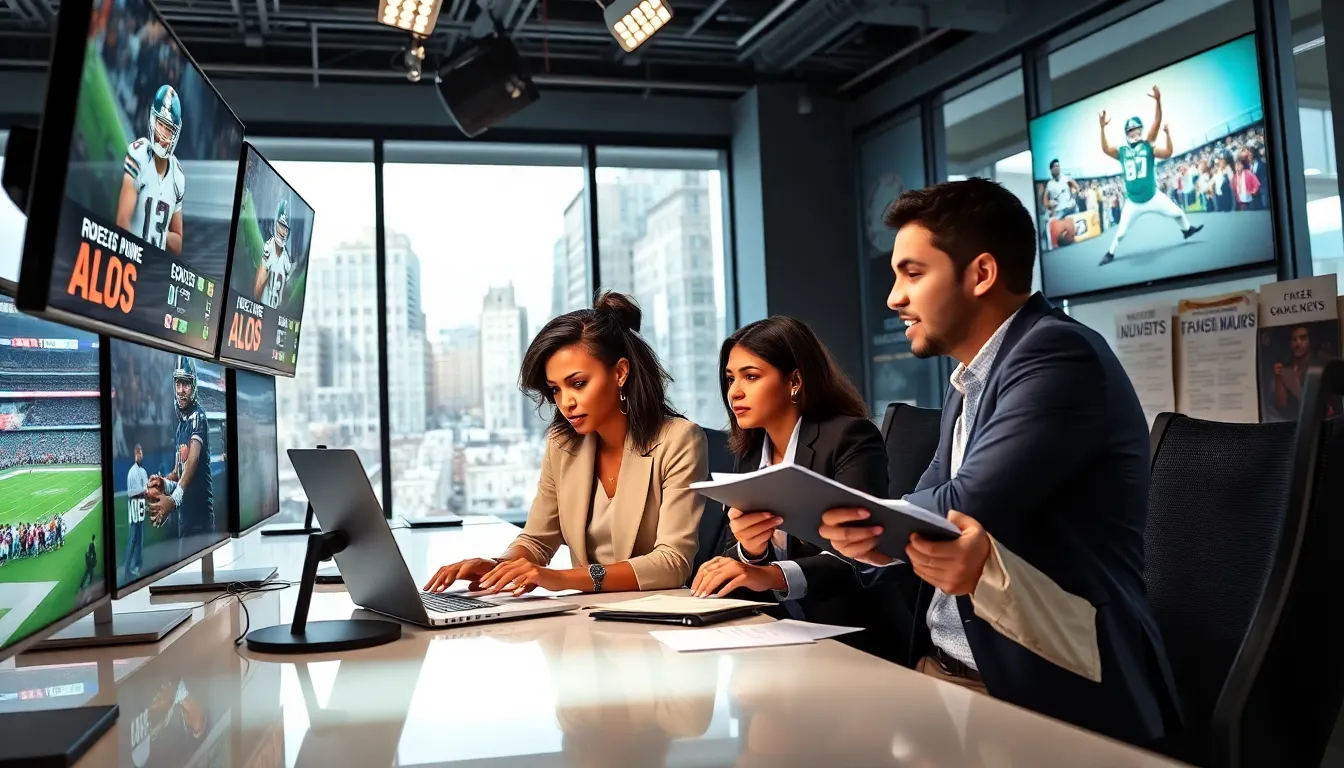 journalists covering breaking sports news in a modern office setting.
