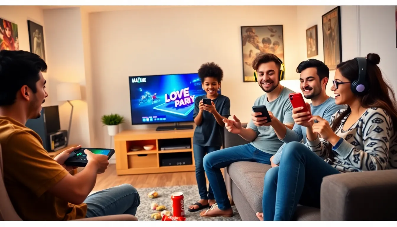a group of friends enjoying gaming together in a cozy living room.