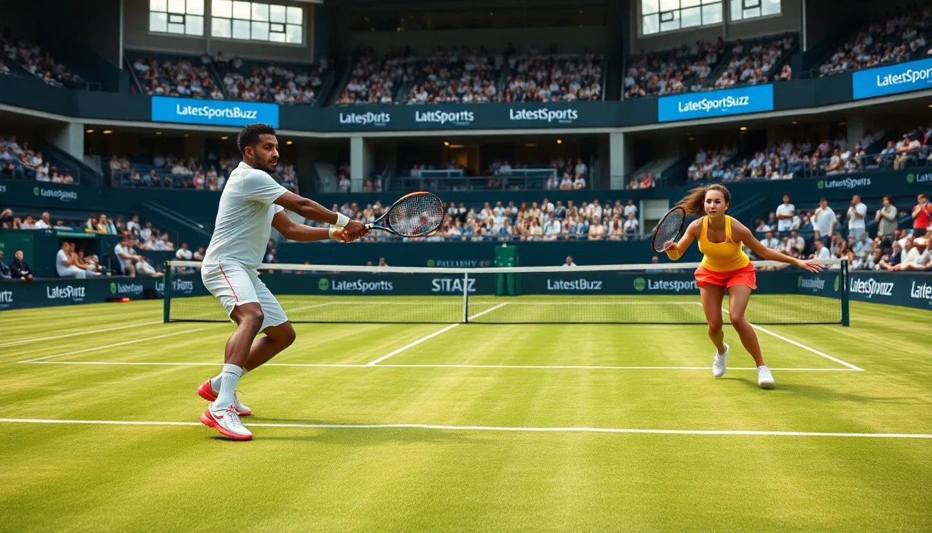 intense tennis match featuring diverse players in action.
