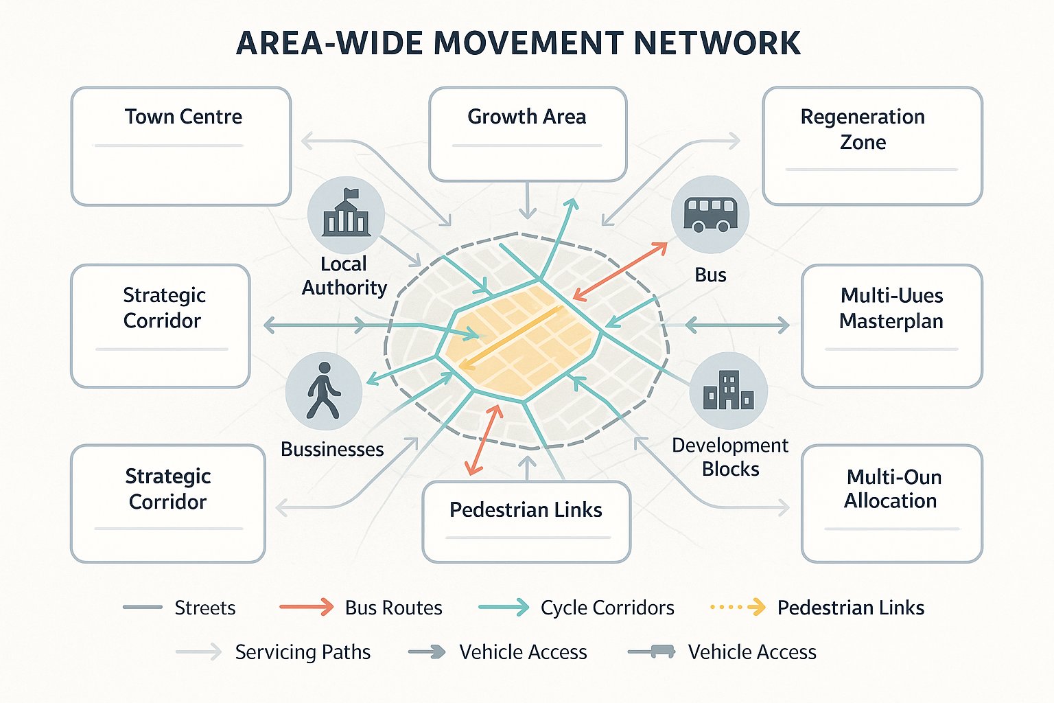 Infographic of a UK area movement strategy linking transport, development, and priorities.