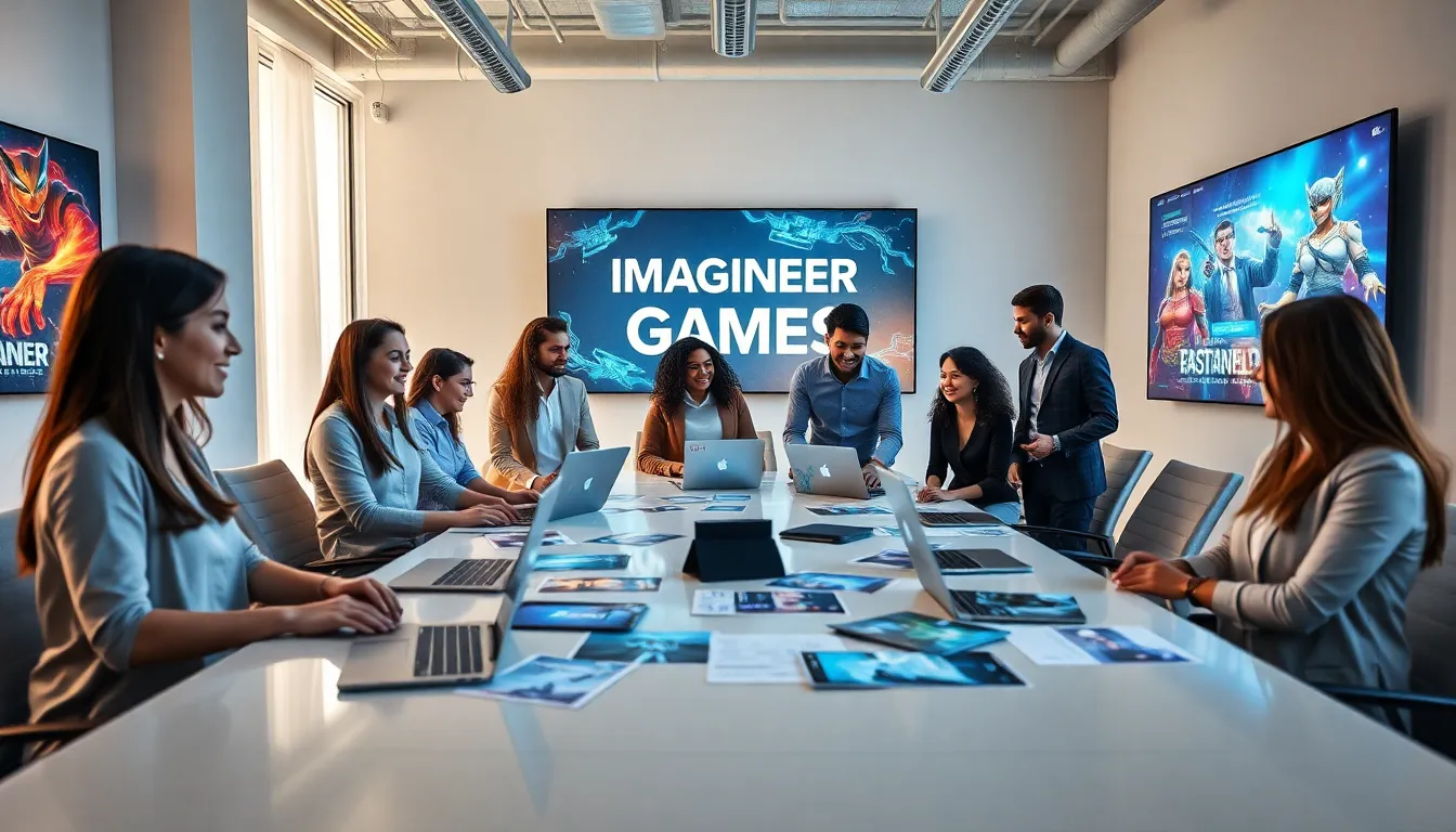 diverse team collaborating on gaming designs in a modern office.
