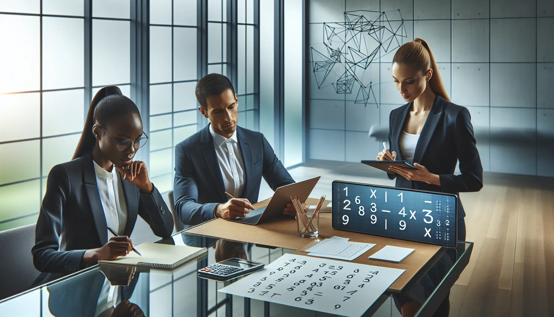 professionals collaborating over calculations in a modern office.