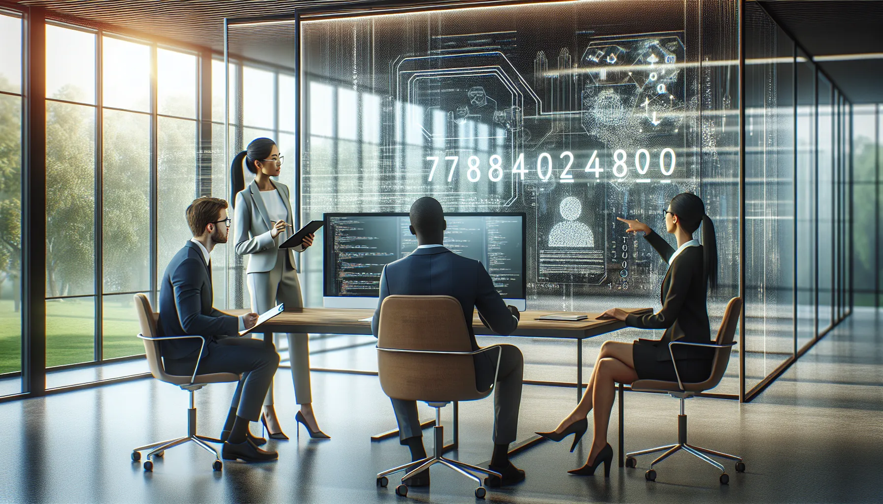 professionals discussing a number's significance in a modern office.