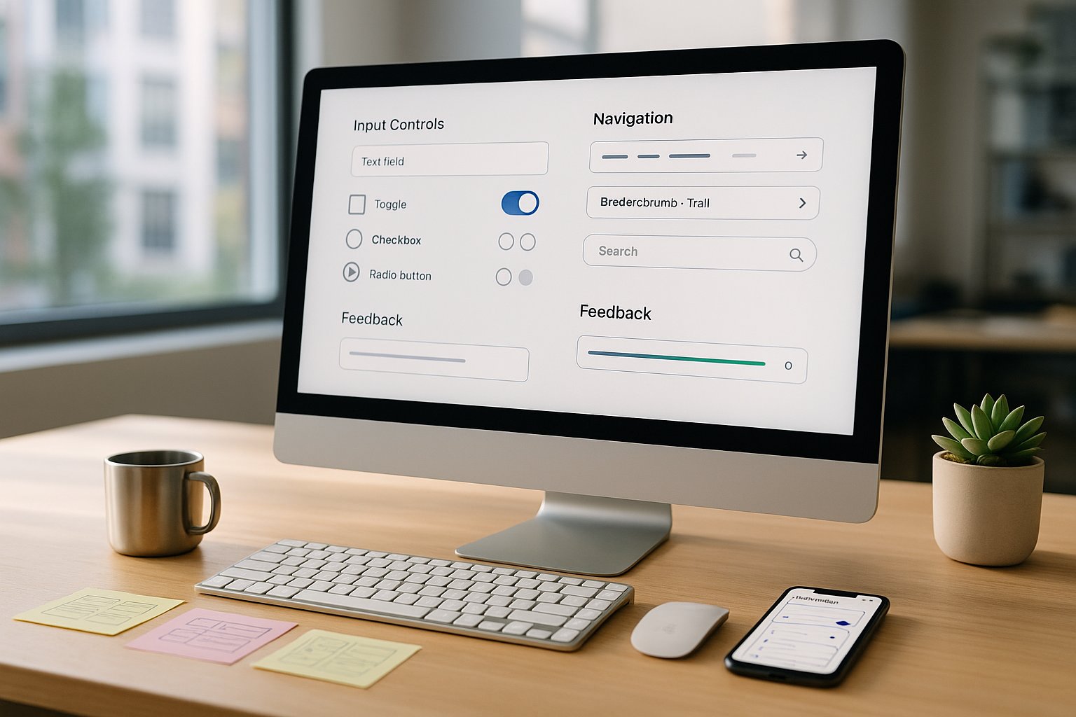 designer's monitor showing organized UI components like buttons, toggles, and navigation menus.
