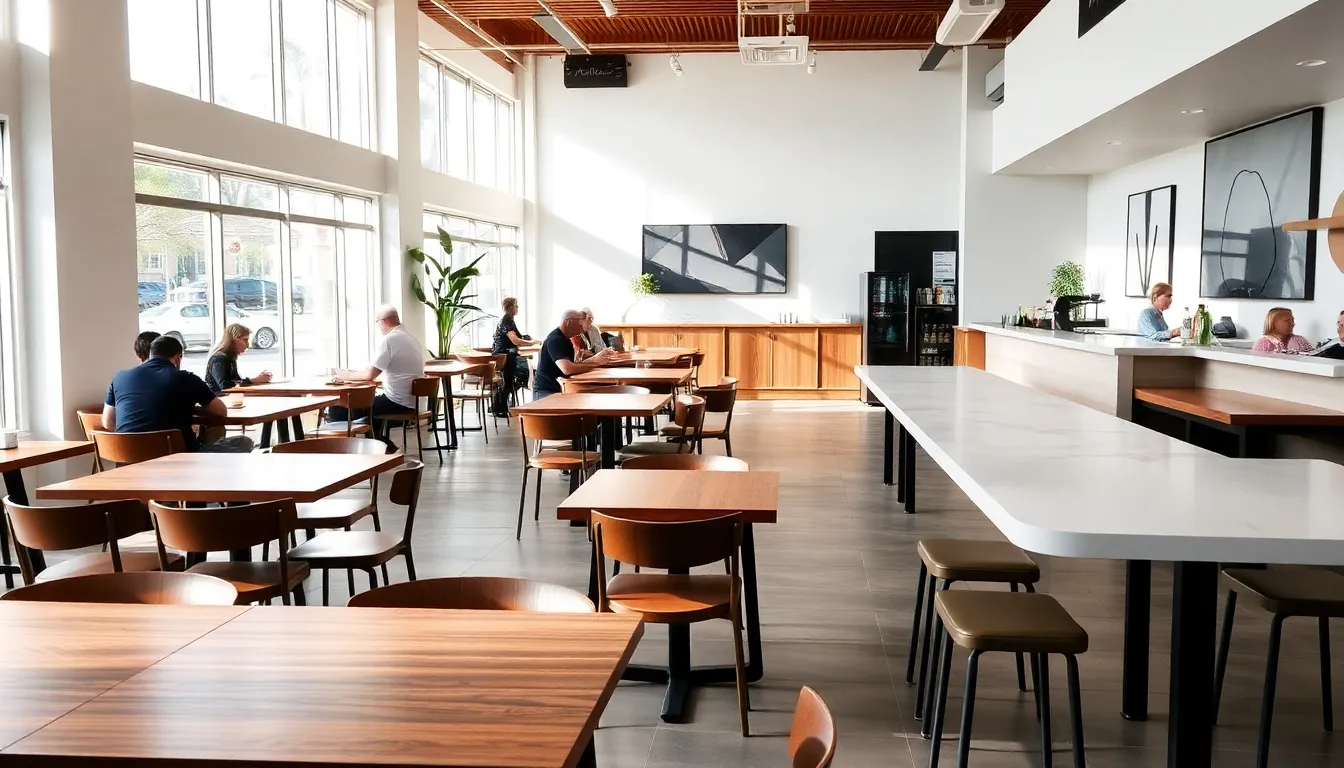 Elegant cafe with modern, well-maintained table tops and professional staff.