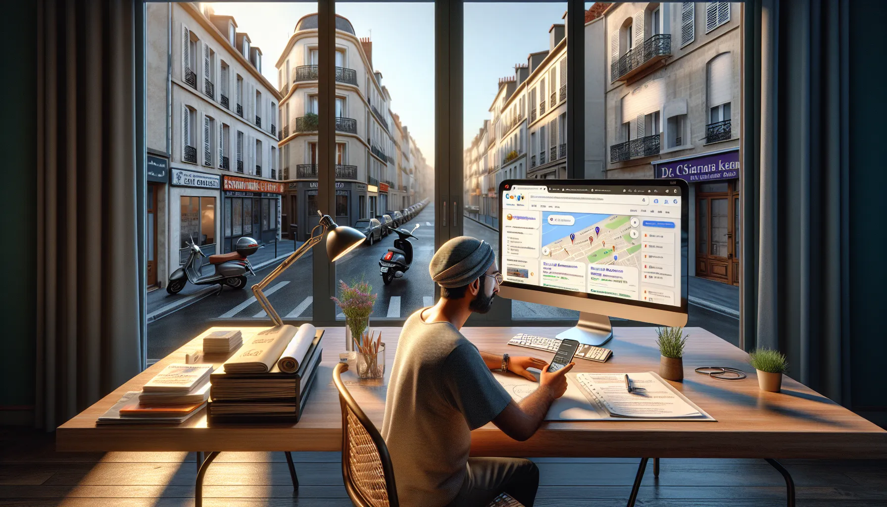 Local Romainville business owner viewing improved Google visibility and calls on screen.