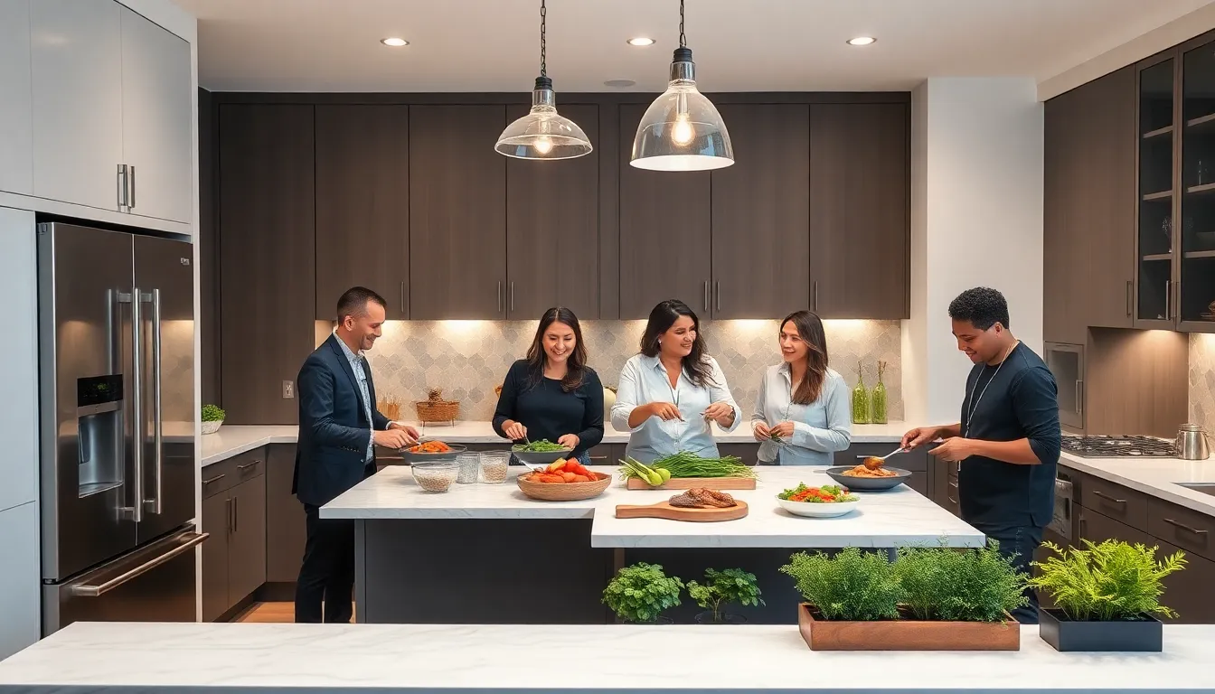 diverse group collaborating in a modern kitchen setting.