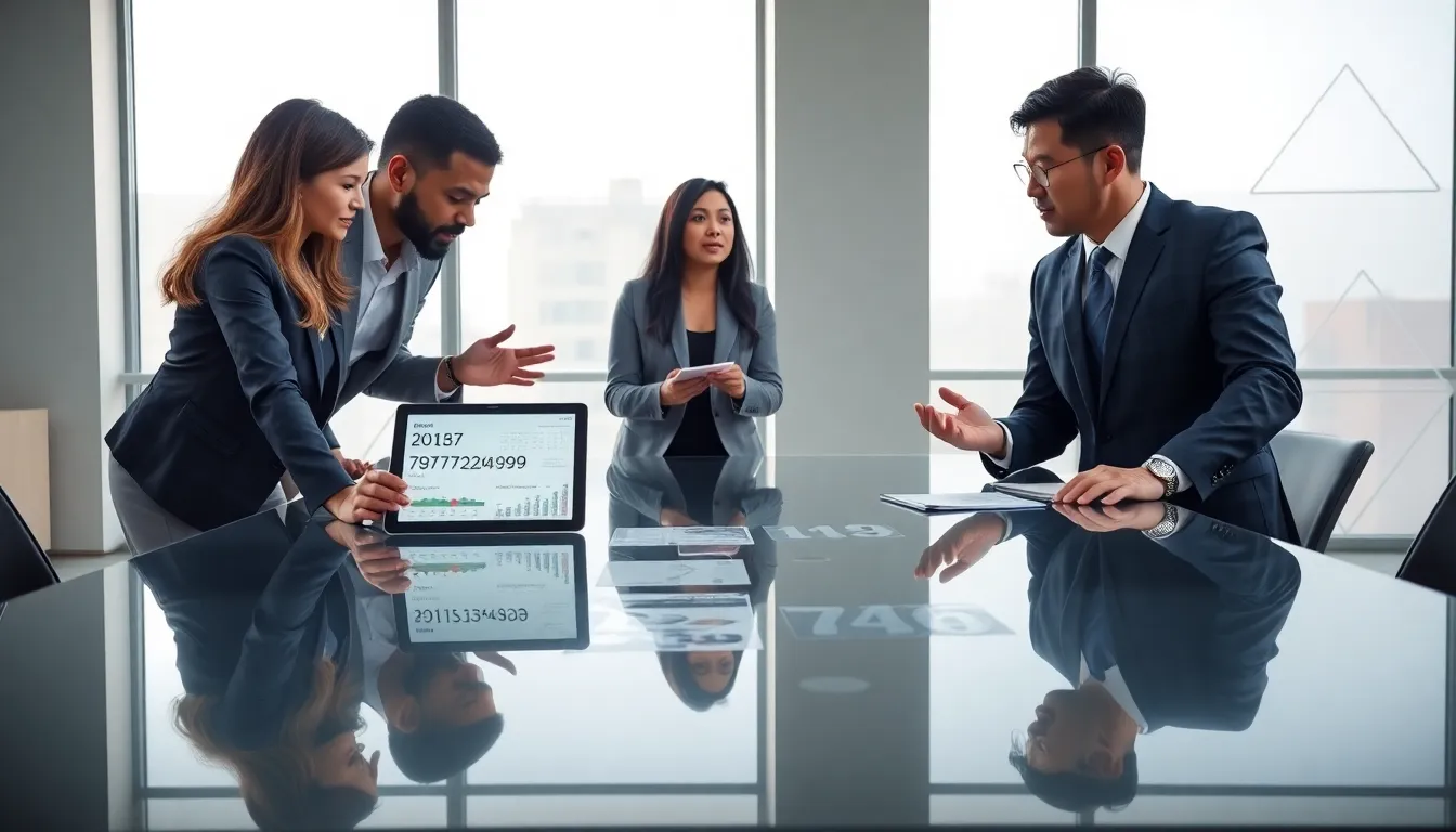 diverse professionals discussing the significance of numbers in a modern office.
