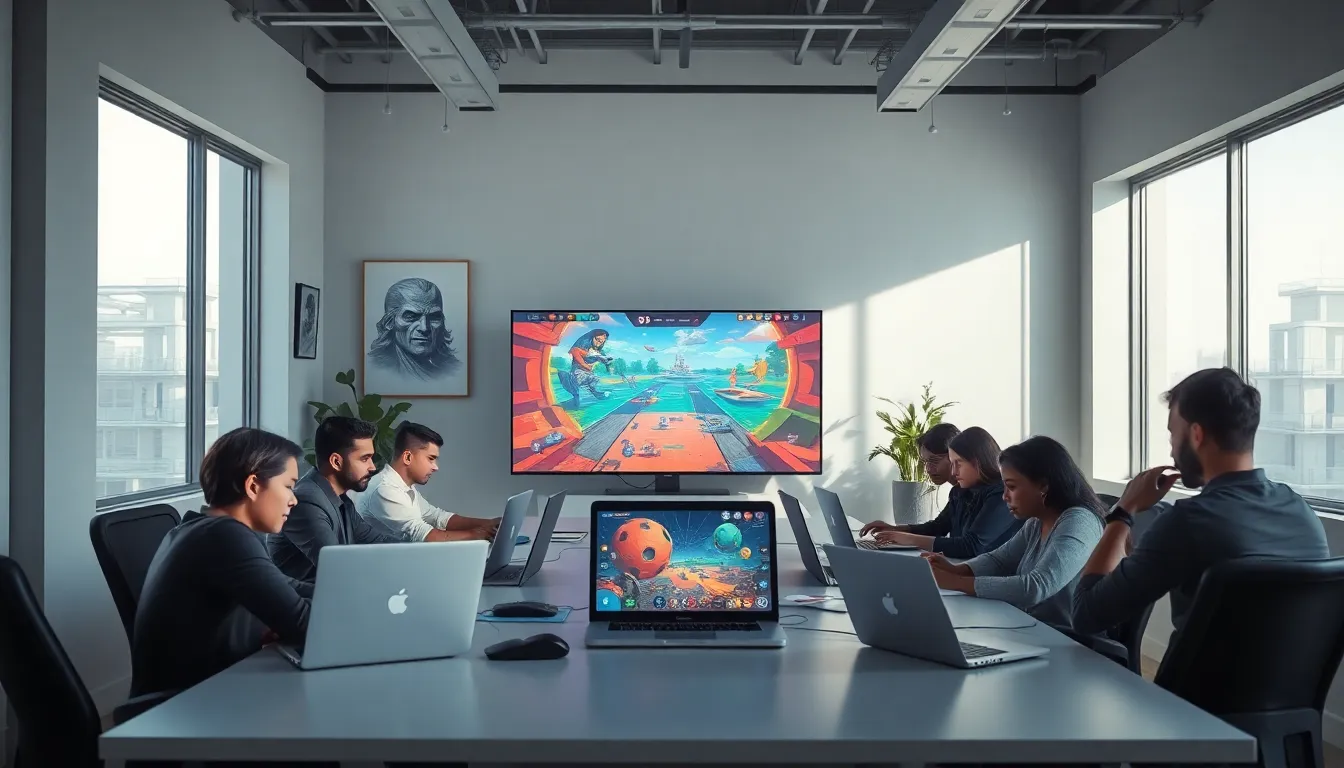 diverse team collaborating in a modern game development office.