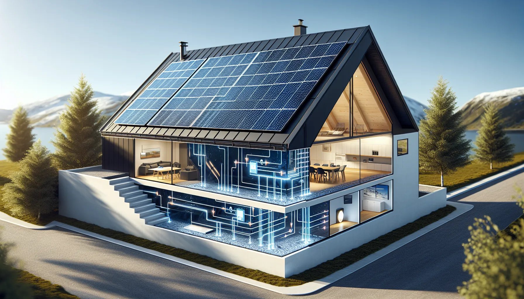 Slik fungerer solcellepaneler for boliger 5 Norwegian house with rooftop solar panels and inverter converting power for home use.