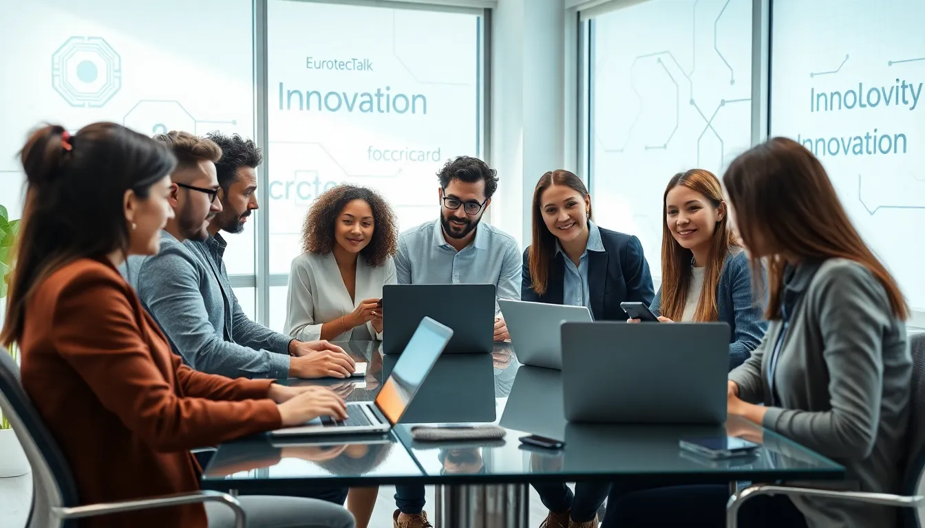 diverse team discussing technology in a modern office setting.