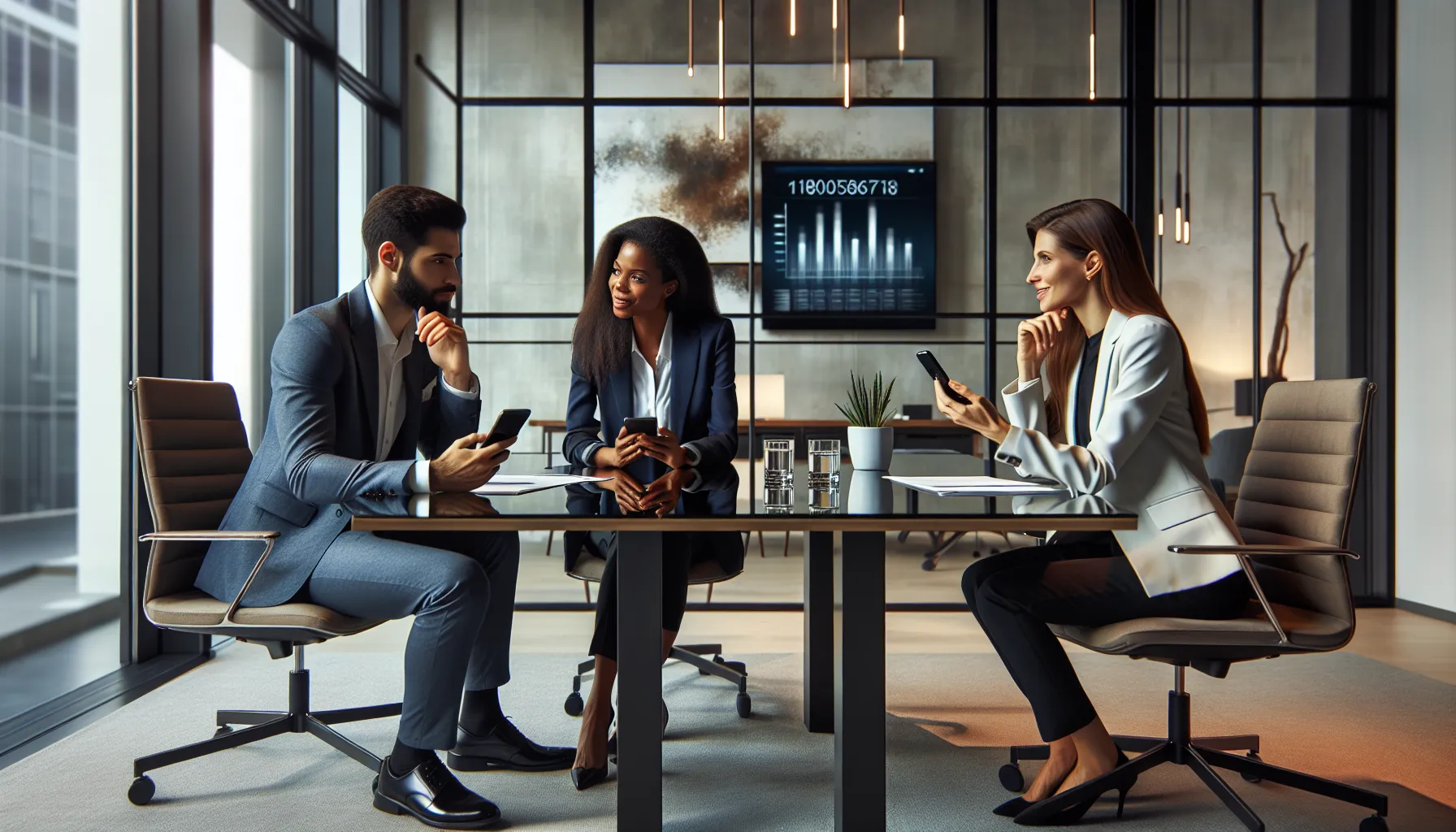 diverse professionals discussing communication options around a modern table.