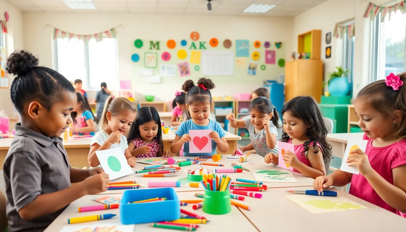 preschoolers crafting Mother's Day gifts in a bright classroom.