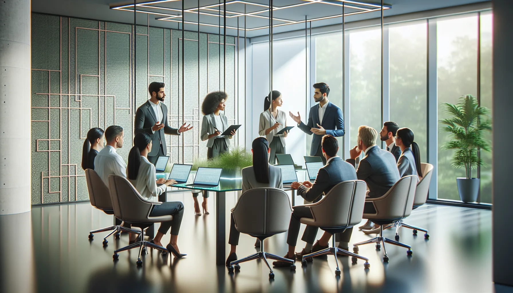 diverse team discussing technology in a modern office.