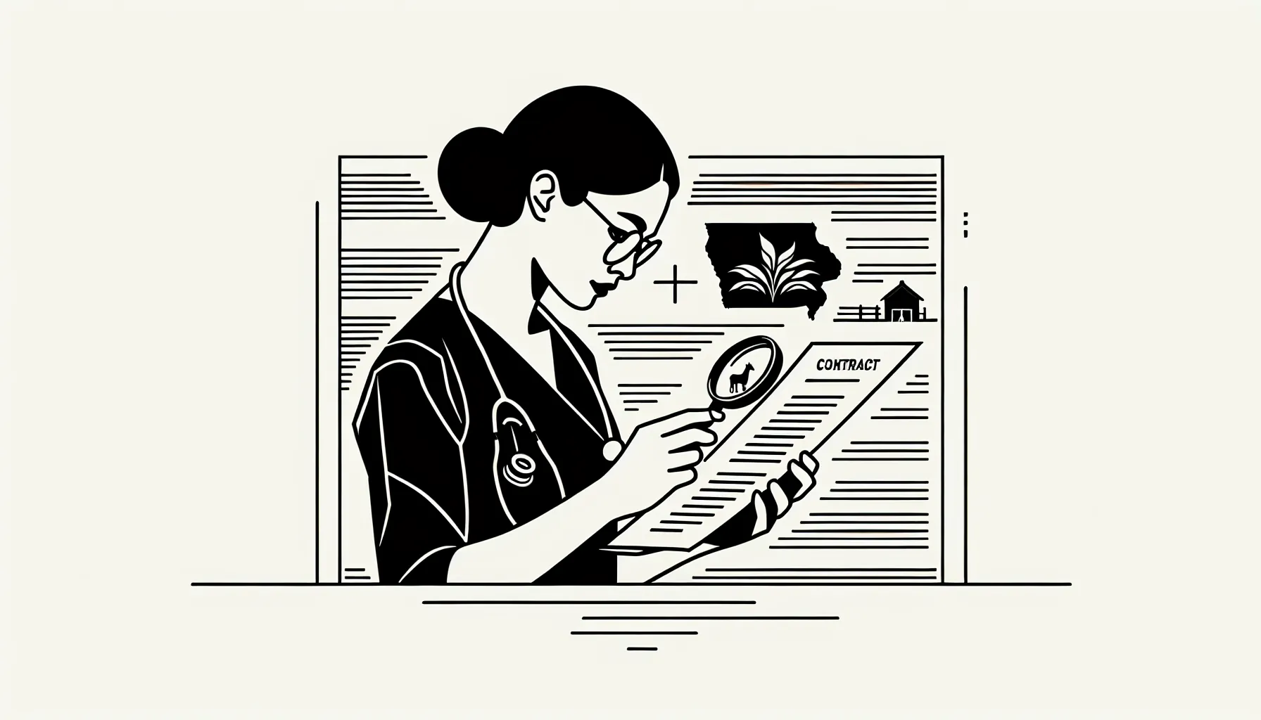 Veterinarian examining a contract with Iowa map, barn, and city icons of Iowa Veterinary Contract Review