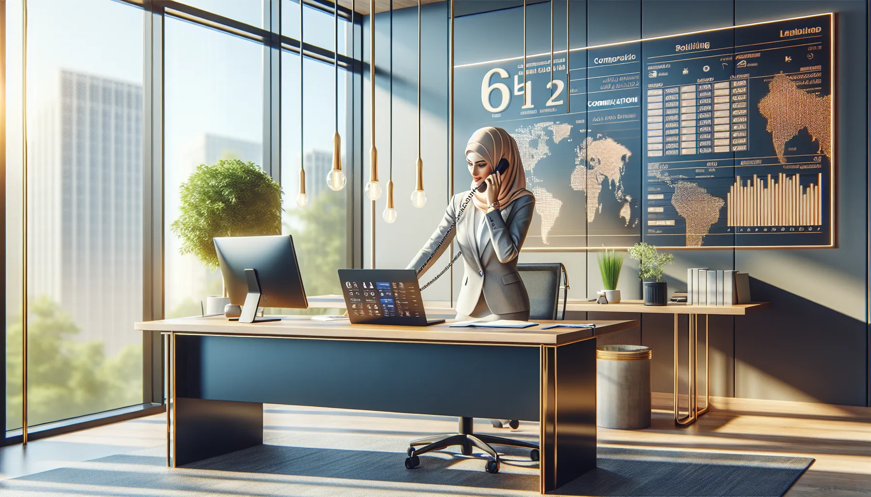 a professional on the phone in a modern office setting.