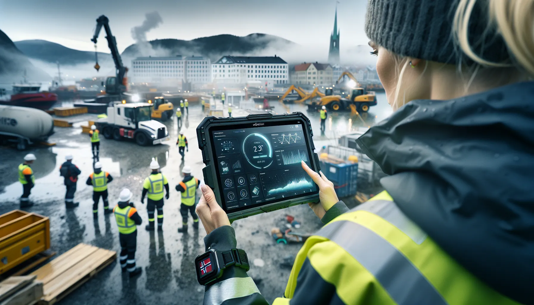 Hvordan bruke iot for å overvåke byggeprosjekter 2 Project manager reviews iot dashboard on-site with sensors and gateway in norway.