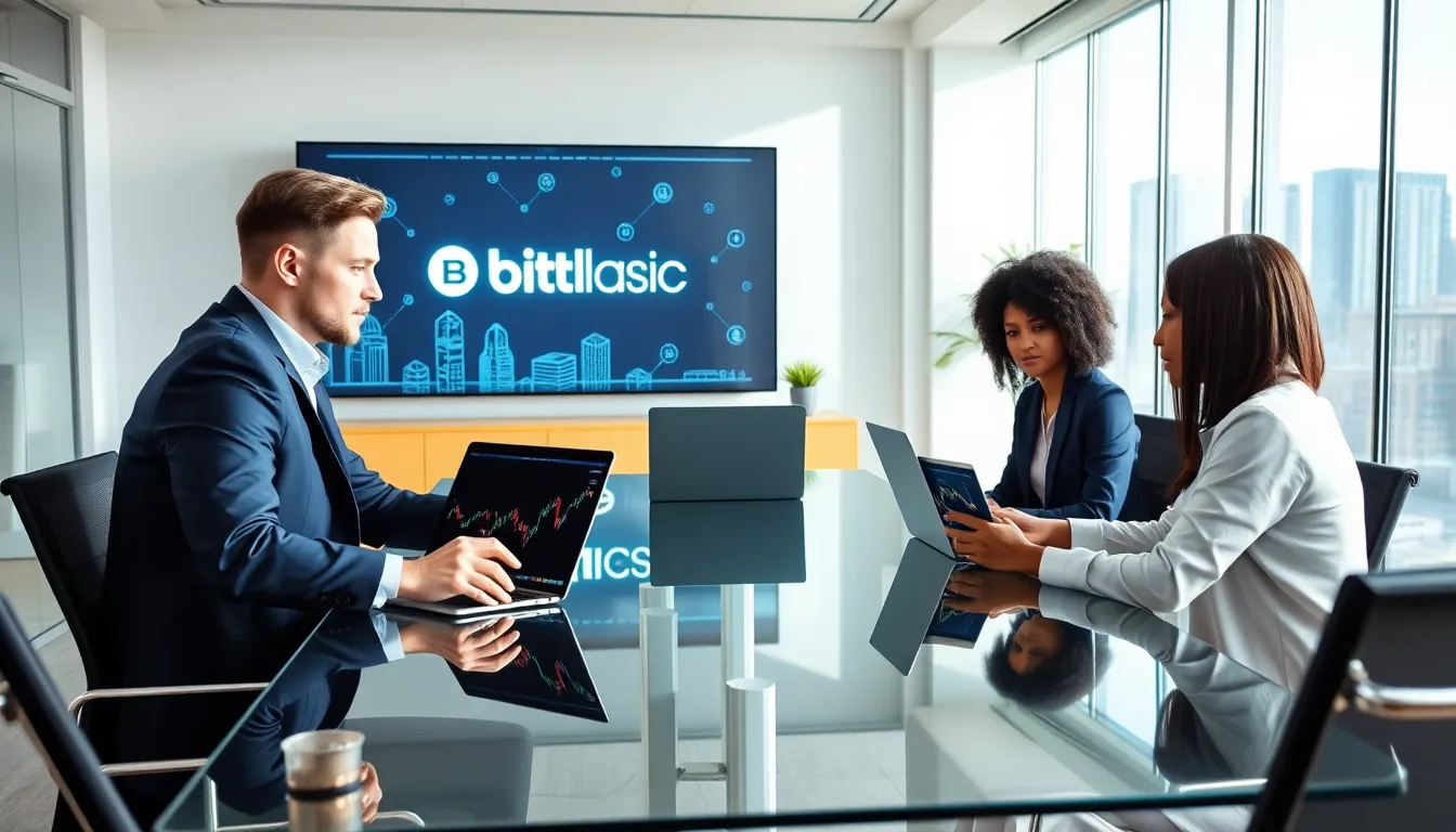 diverse professionals discussing Bitclassic in a modern office.