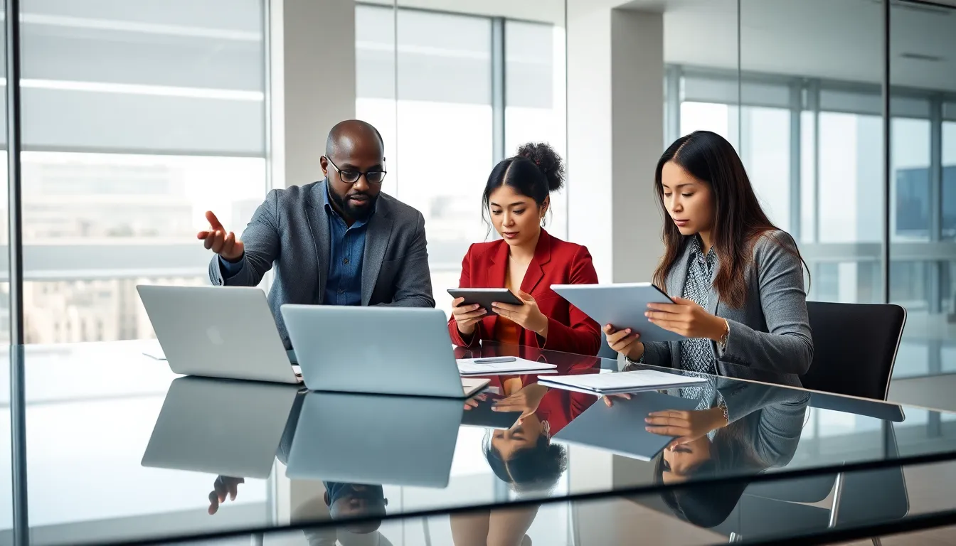 diverse team discussing digital services in a modern office.
