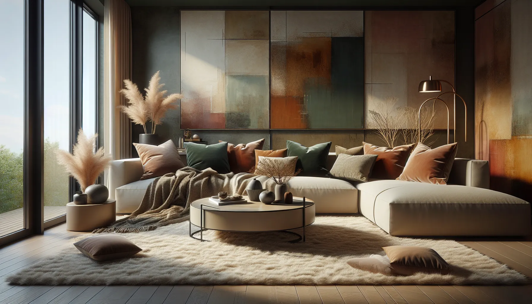 cozy living room with warm colors and inviting textures.