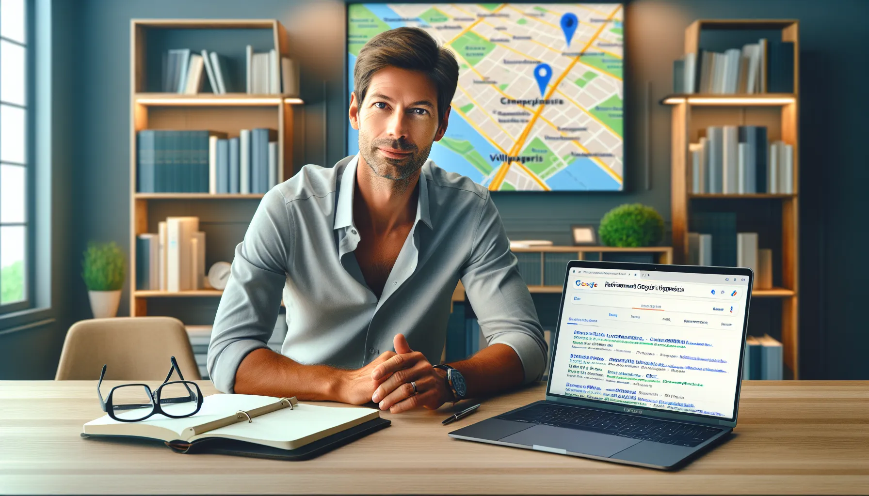 SEO consultant in Villeparisis showing Google and Maps results on a laptop.