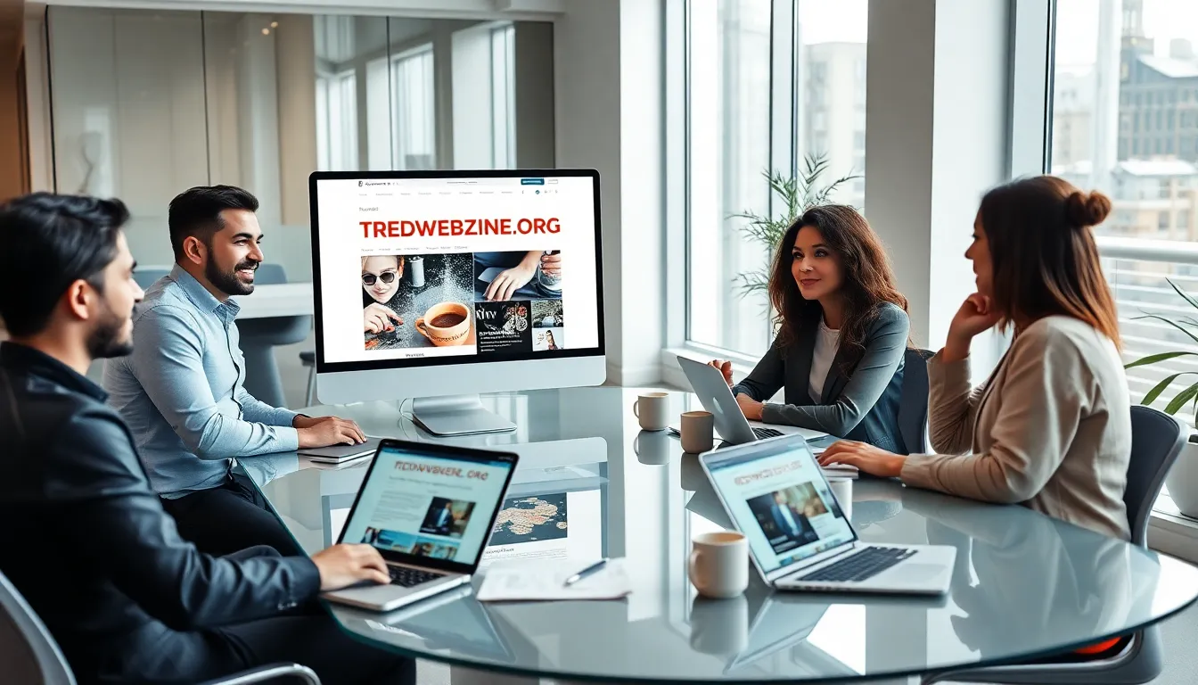 diverse team collaborating around Redwebzine.org content in a modern office.