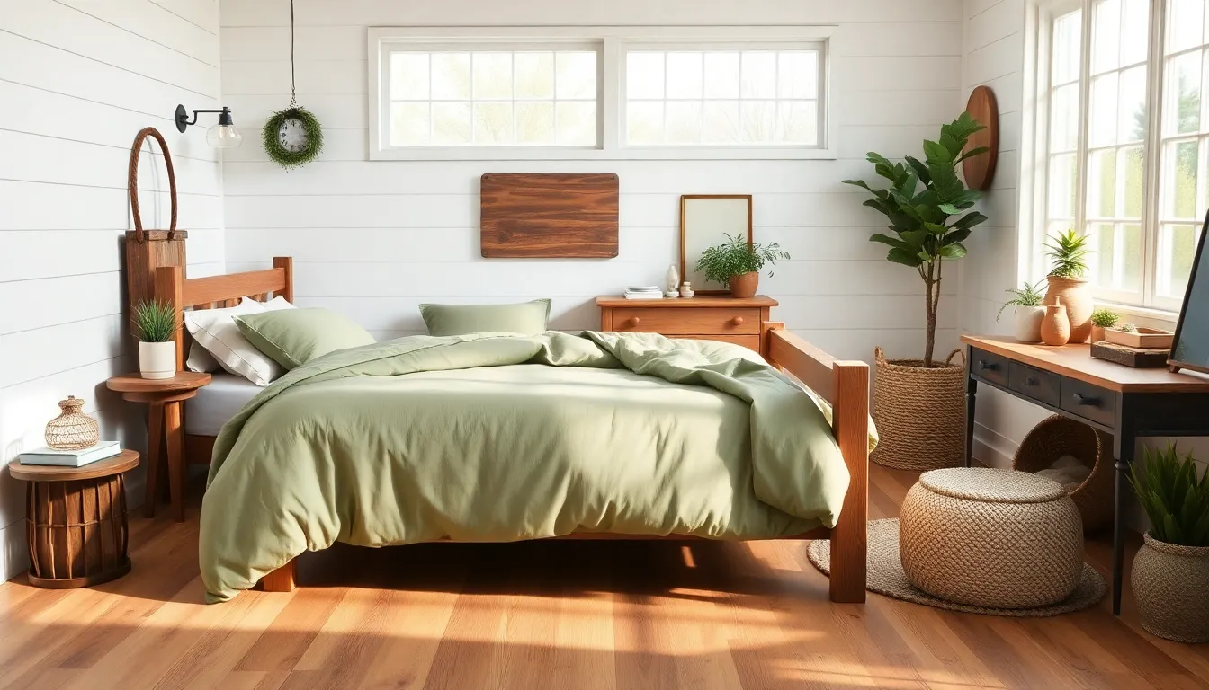 a cozy farmhouse style bedroom with rustic decor.