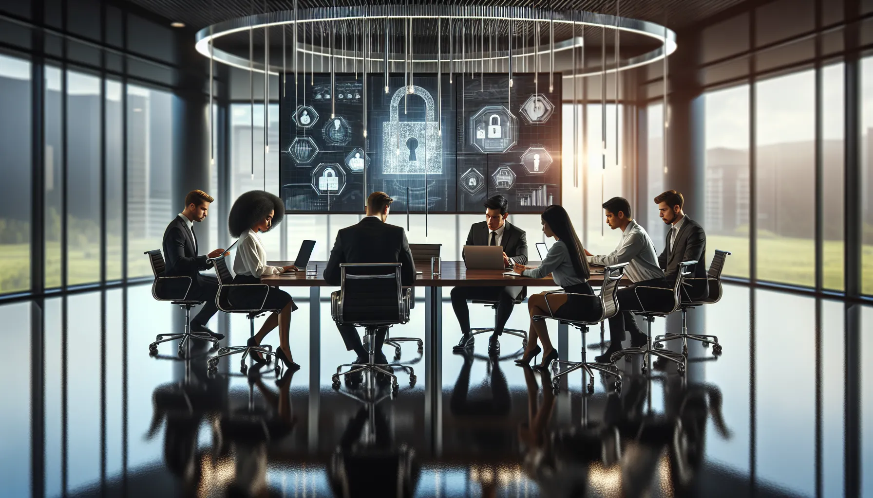 diverse professionals discussing data privacy in a modern office.