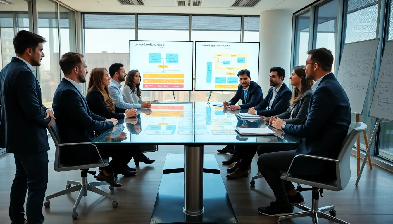 professionals discussing Universal Layered Data Model in a modern office.